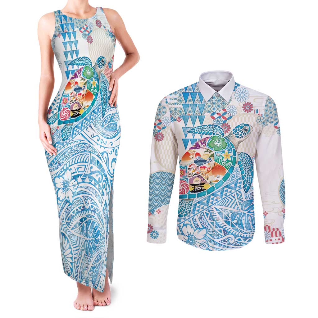 Hawaiian and Japanese Culture Together Couples Matching Tank Maxi Dress and Long Sleeve Button Shirt Tropical Honu with Japanese Elements Blue Color