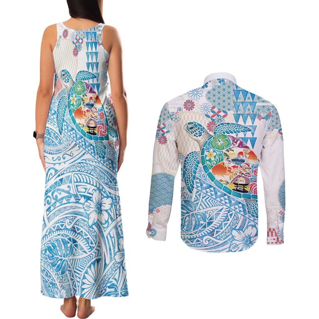 Hawaiian and Japanese Culture Together Couples Matching Tank Maxi Dress and Long Sleeve Button Shirt Tropical Honu with Japanese Elements Blue Color