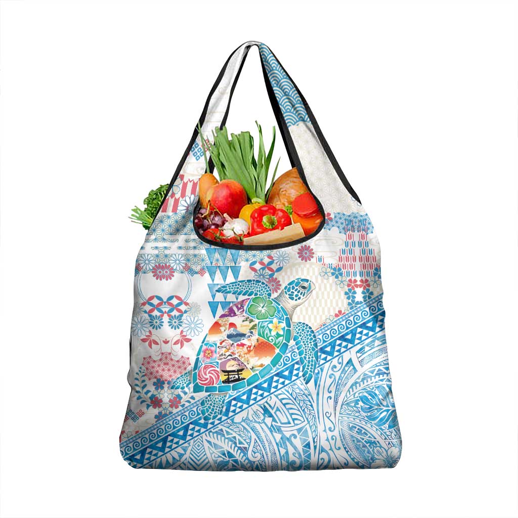 Hawaiian and Japanese Culture Together Grocery Bag Tropical Honu with Japanese Elements Blue Color
