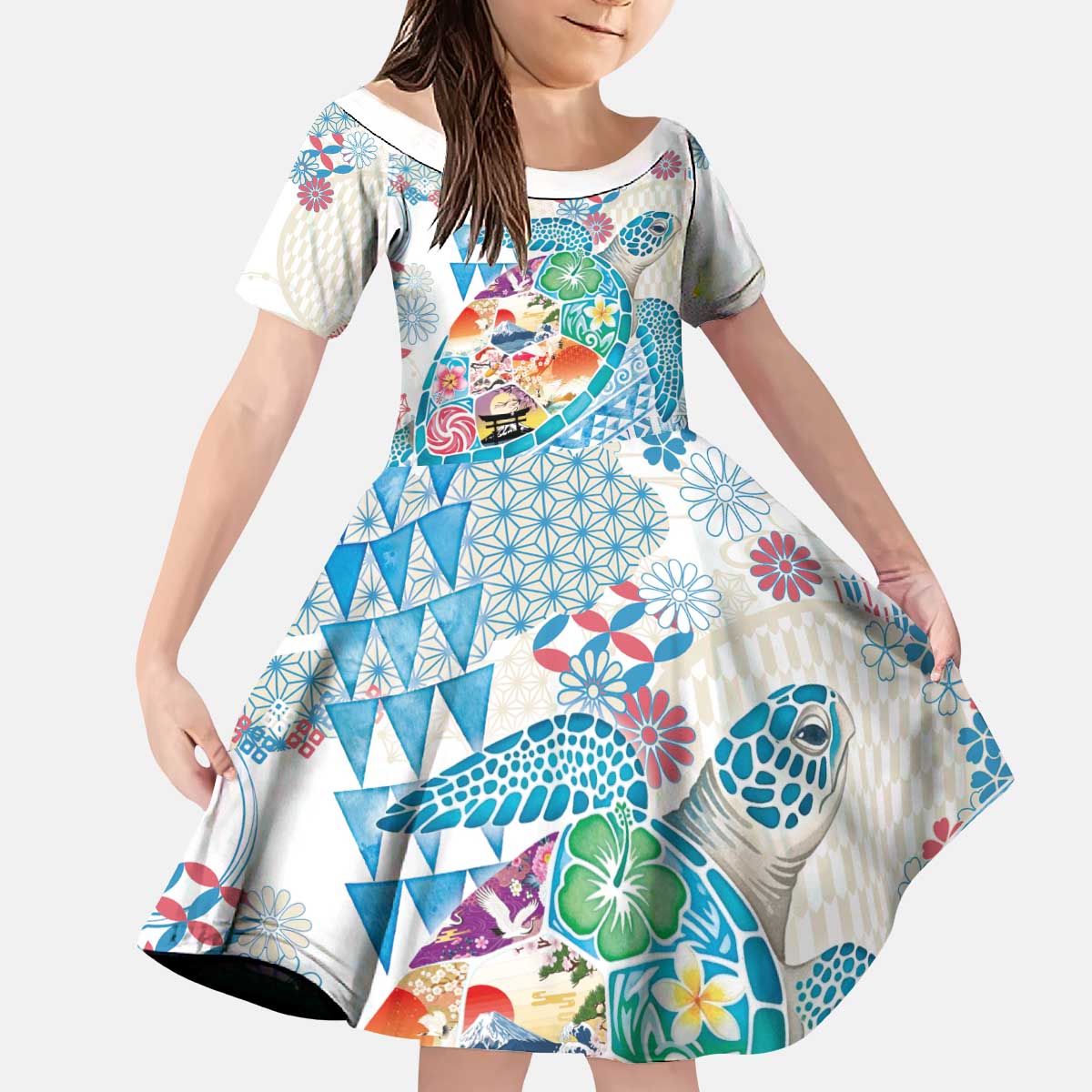 Hawaiian and Japanese Culture Together Kid Short Sleeve Dress Tropical Honu with Japanese Elements Blue Color