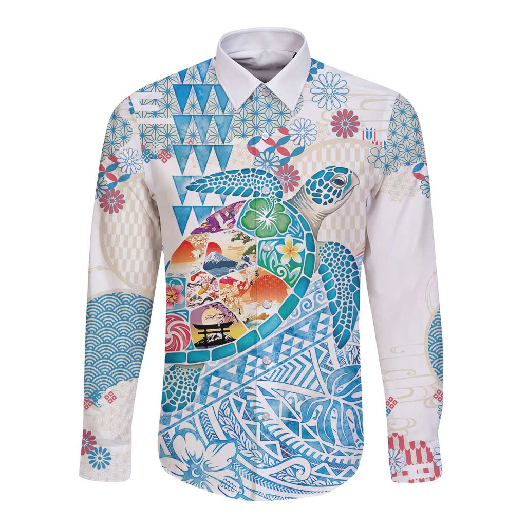 Hawaiian and Japanese Culture Together Long Sleeve Button Shirt Tropical Honu with Japanese Elements Blue Color LT03 Unisex Blue - Polynesian Pride