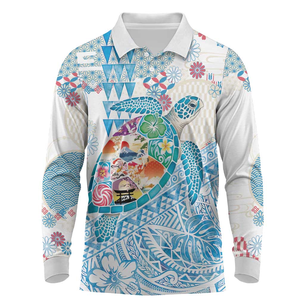Hawaiian and Japanese Culture Together Long Sleeve Polo Shirt Tropical Honu with Japanese Elements Blue Color