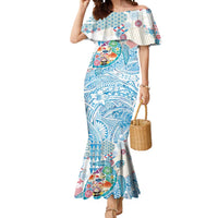 Hawaiian and Japanese Culture Together Mermaid Dress Tropical Honu with Japanese Elements Blue Color