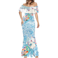 Hawaiian and Japanese Culture Together Mermaid Dress Tropical Honu with Japanese Elements Blue Color