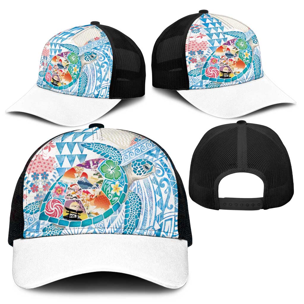 Hawaiian and Japanese Culture Together Mesh Trucker Cap Tropical Honu with Japanese Elements Blue Color