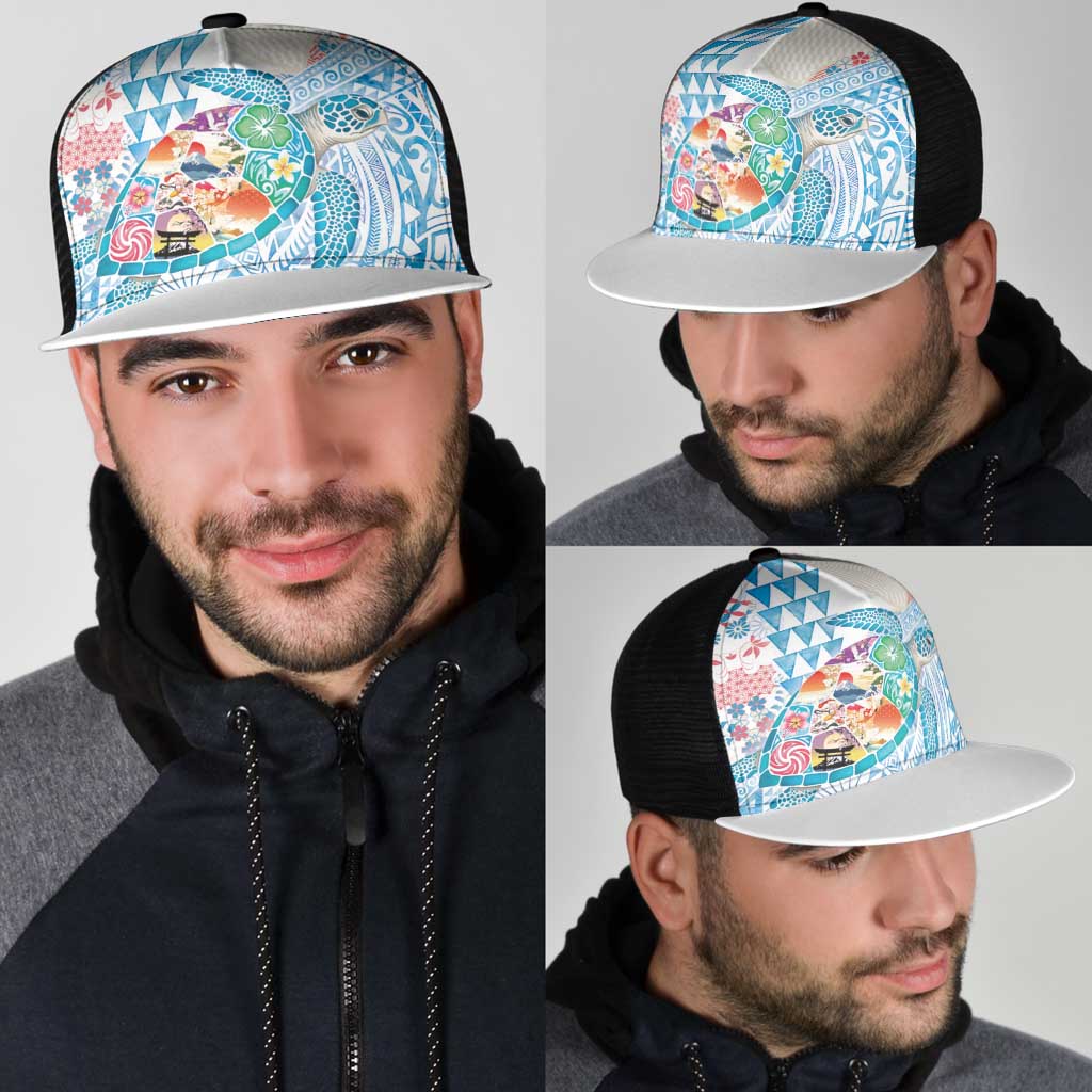 Hawaiian and Japanese Culture Together Mesh Trucker Cap Tropical Honu with Japanese Elements Blue Color