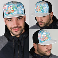 Hawaiian and Japanese Culture Together Mesh Trucker Cap Tropical Honu with Japanese Elements Blue Color