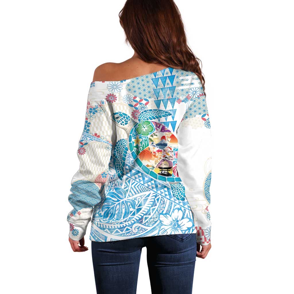 Hawaiian and Japanese Culture Together Off Shoulder Sweater Tropical Honu with Japanese Elements Blue Color
