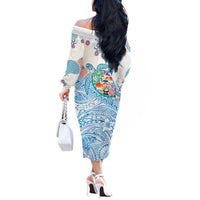 Hawaiian and Japanese Culture Together Off The Shoulder Long Sleeve Dress Tropical Honu with Japanese Elements Blue Color
