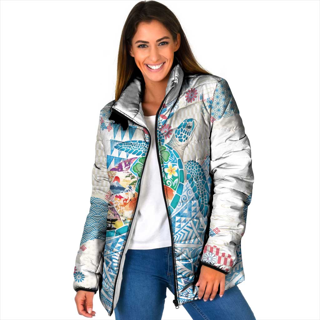 Hawaiian and Japanese Culture Together Padded Jacket Tropical Honu with Japanese Elements Blue Color