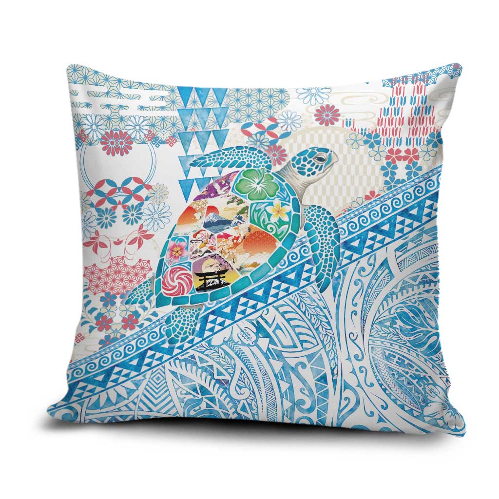 Hawaiian and Japanese Culture Together Pillow Cover Tropical Honu with Japanese Elements Blue Color LT03 Blue - Polynesian Pride
