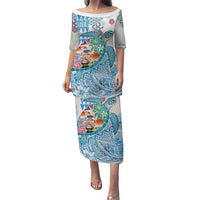 Hawaiian and Japanese Culture Together Puletasi Tropical Honu with Japanese Elements Blue Color LT03 Long Dress Blue - Polynesian Pride