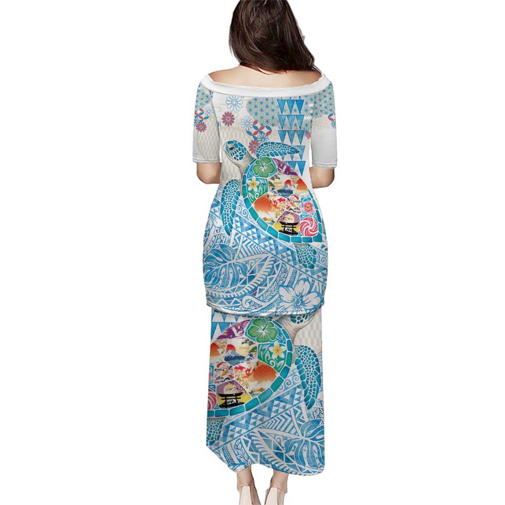 Hawaiian and Japanese Culture Together Puletasi Tropical Honu with Japanese Elements Blue Color LT03 - Polynesian Pride