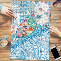 Hawaiian and Japanese Culture Together Puzzle Tropical Honu with Japanese Elements Blue Color