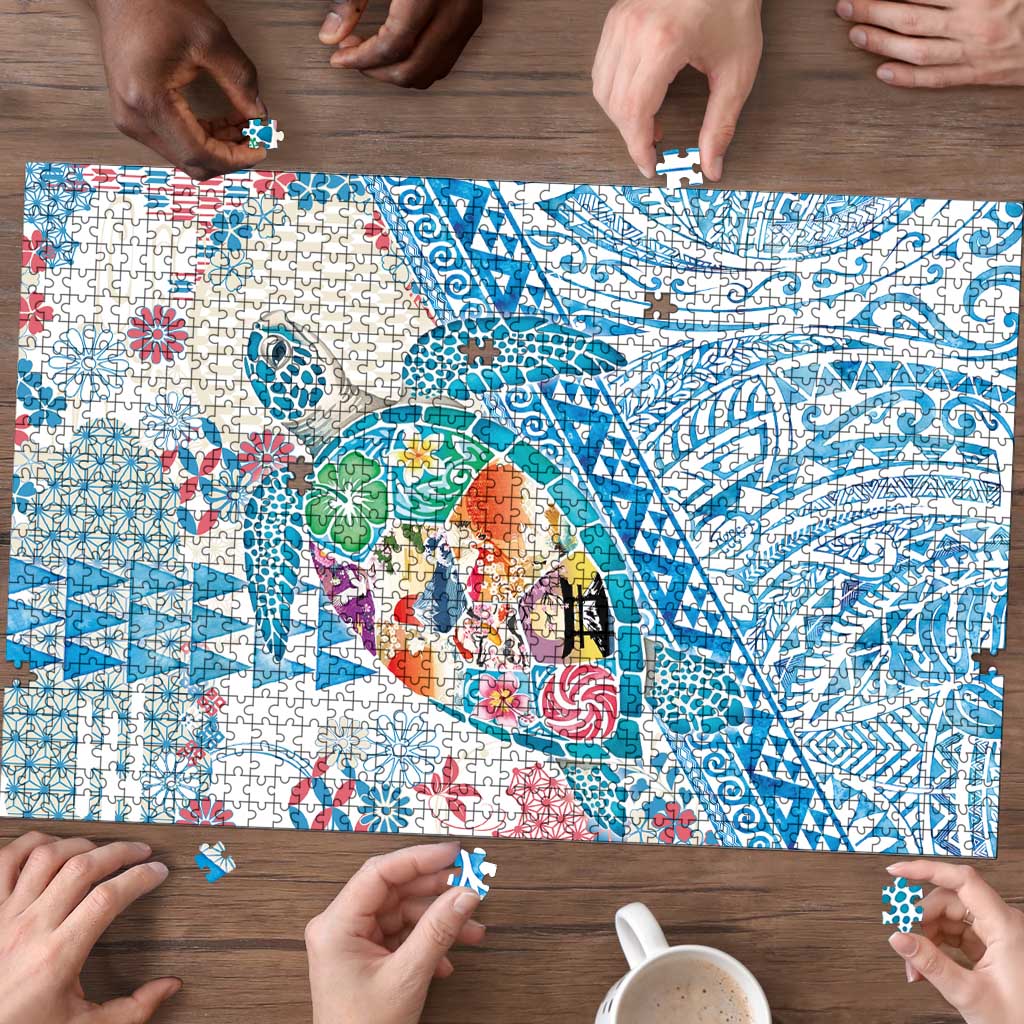 Hawaiian and Japanese Culture Together Puzzle Tropical Honu with Japanese Elements Blue Color