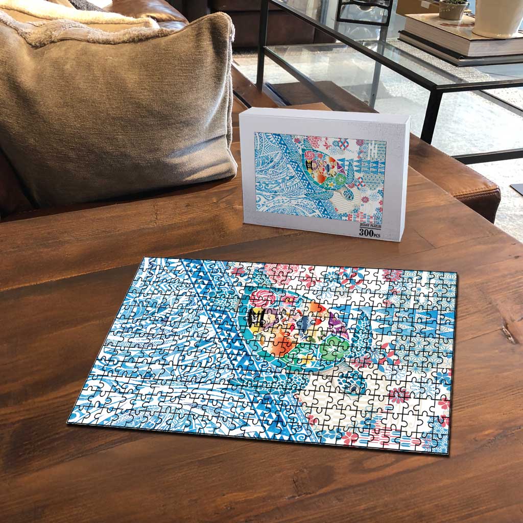 Hawaiian and Japanese Culture Together Puzzle Tropical Honu with Japanese Elements Blue Color