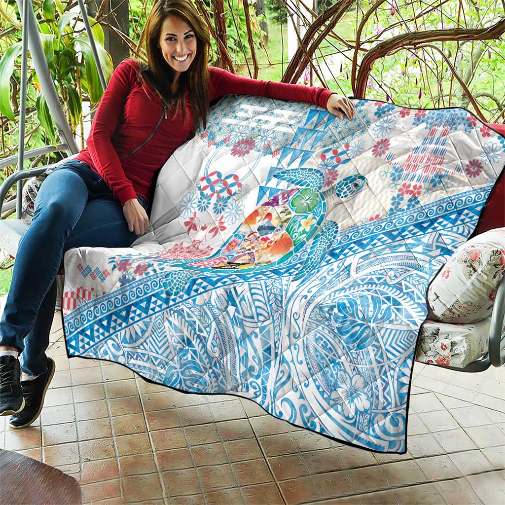 Hawaiian and Japanese Culture Together Quilt Tropical Honu with Japanese Elements Blue Color