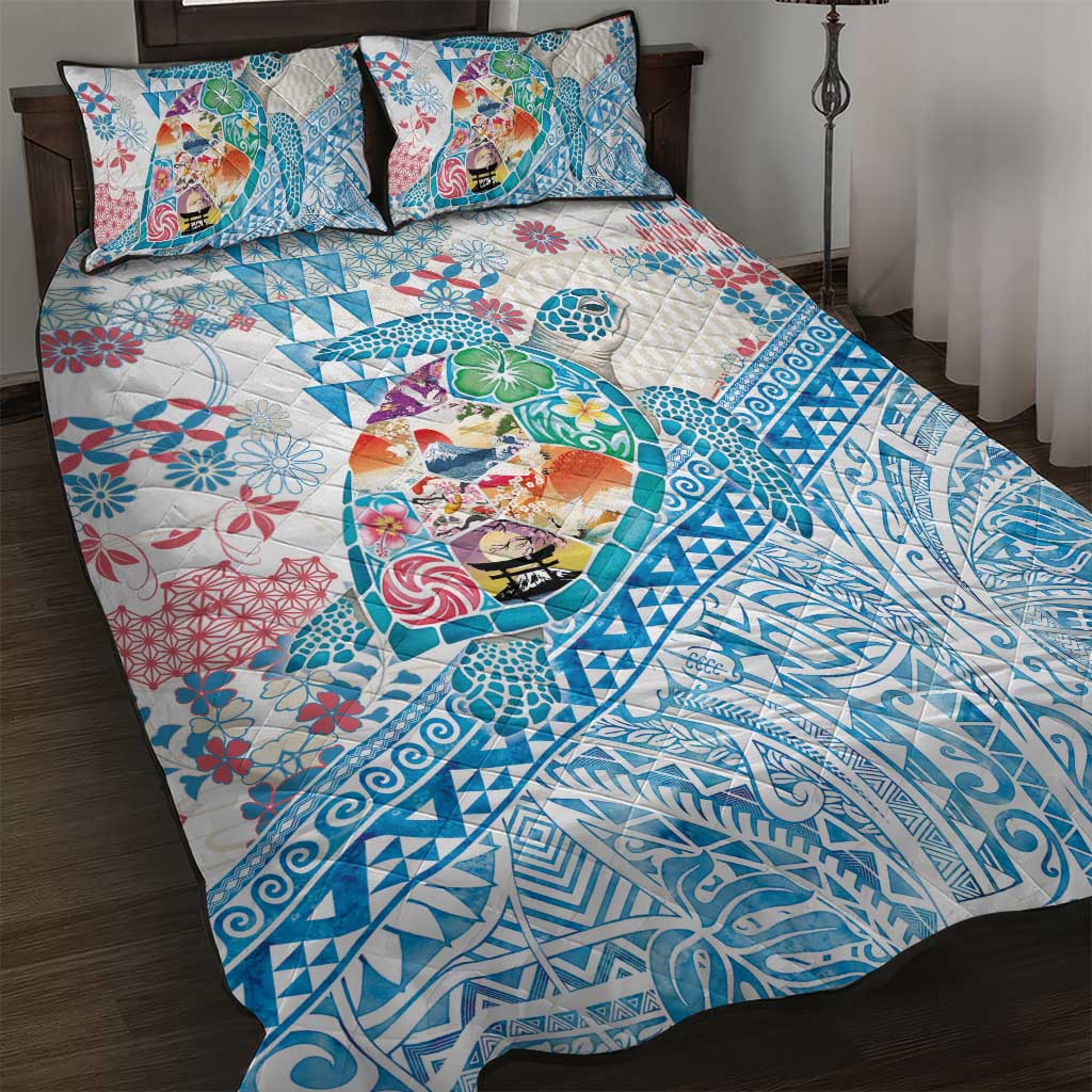 Hawaiian and Japanese Culture Together Quilt Bed Set Tropical Honu with Japanese Elements Blue Color