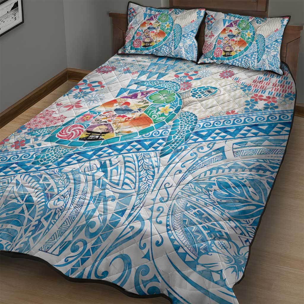 Hawaiian and Japanese Culture Together Quilt Bed Set Tropical Honu with Japanese Elements Blue Color