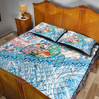 Hawaiian and Japanese Culture Together Quilt Bed Set Tropical Honu with Japanese Elements Blue Color