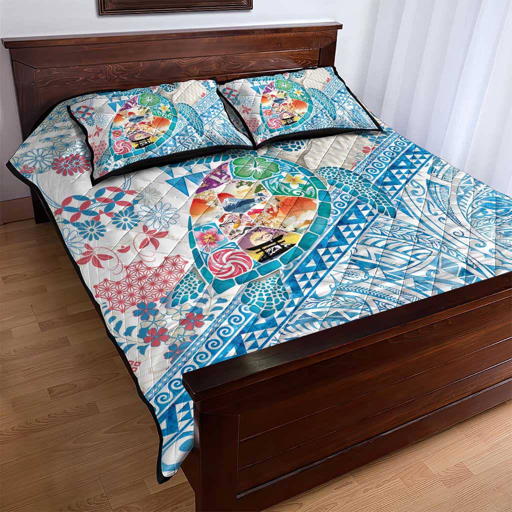 Hawaiian and Japanese Culture Together Quilt Bed Set Tropical Honu with Japanese Elements Blue Color