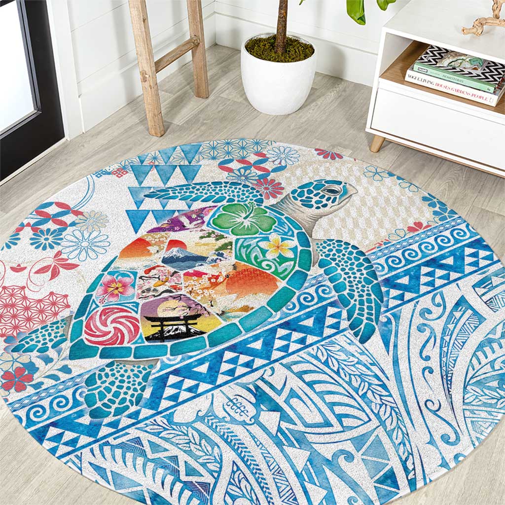 Hawaiian and Japanese Culture Together Round Carpet Tropical Honu with Japanese Elements Blue Color