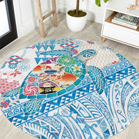 Hawaiian and Japanese Culture Together Round Carpet Tropical Honu with Japanese Elements Blue Color