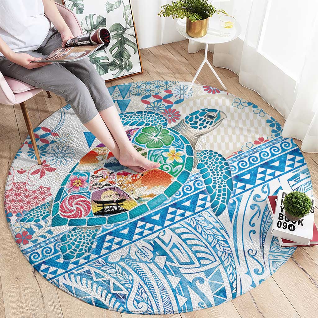 Hawaiian and Japanese Culture Together Round Carpet Tropical Honu with Japanese Elements Blue Color