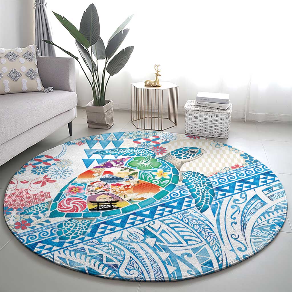 Hawaiian and Japanese Culture Together Round Carpet Tropical Honu with Japanese Elements Blue Color
