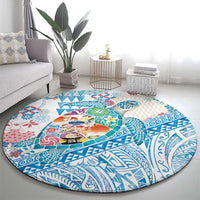 Hawaiian and Japanese Culture Together Round Carpet Tropical Honu with Japanese Elements Blue Color