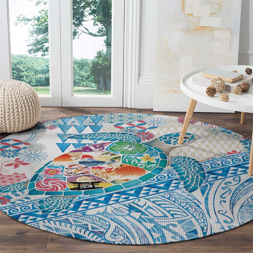 Hawaiian and Japanese Culture Together Round Carpet Tropical Honu with Japanese Elements Blue Color