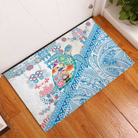 Hawaiian and Japanese Culture Together Rubber Doormat Tropical Honu with Japanese Elements Blue Color