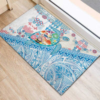 Hawaiian and Japanese Culture Together Rubber Doormat Tropical Honu with Japanese Elements Blue Color