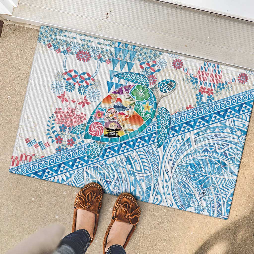Hawaiian and Japanese Culture Together Rubber Doormat Tropical Honu with Japanese Elements Blue Color