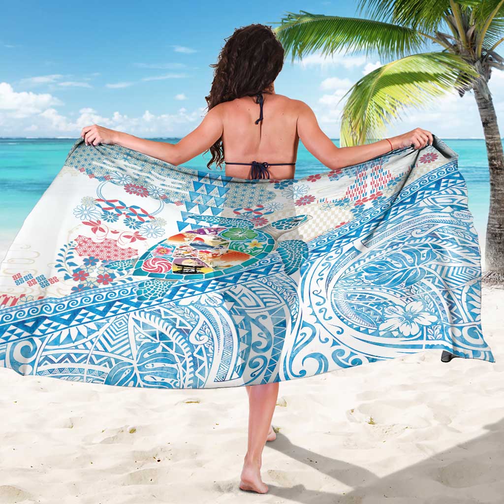 Hawaiian and Japanese Culture Together Sarong Tropical Honu with Japanese Elements Blue Color