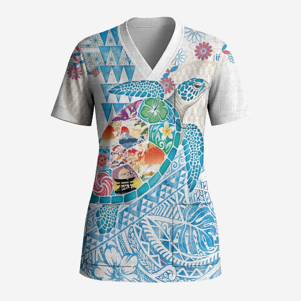 Hawaiian and Japanese Culture Together Scrub Top Tropical Honu with Japanese Elements Blue Color LT03 Adult Blue - Polynesian Pride