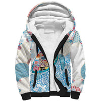 Hawaiian and Japanese Culture Together Sherpa Hoodie Tropical Honu with Japanese Elements Blue Color