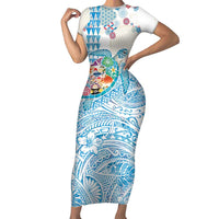 Hawaiian and Japanese Culture Together Short Sleeve Bodycon Dress Tropical Honu with Japanese Elements Blue Color
