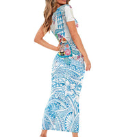 Hawaiian and Japanese Culture Together Short Sleeve Bodycon Dress Tropical Honu with Japanese Elements Blue Color