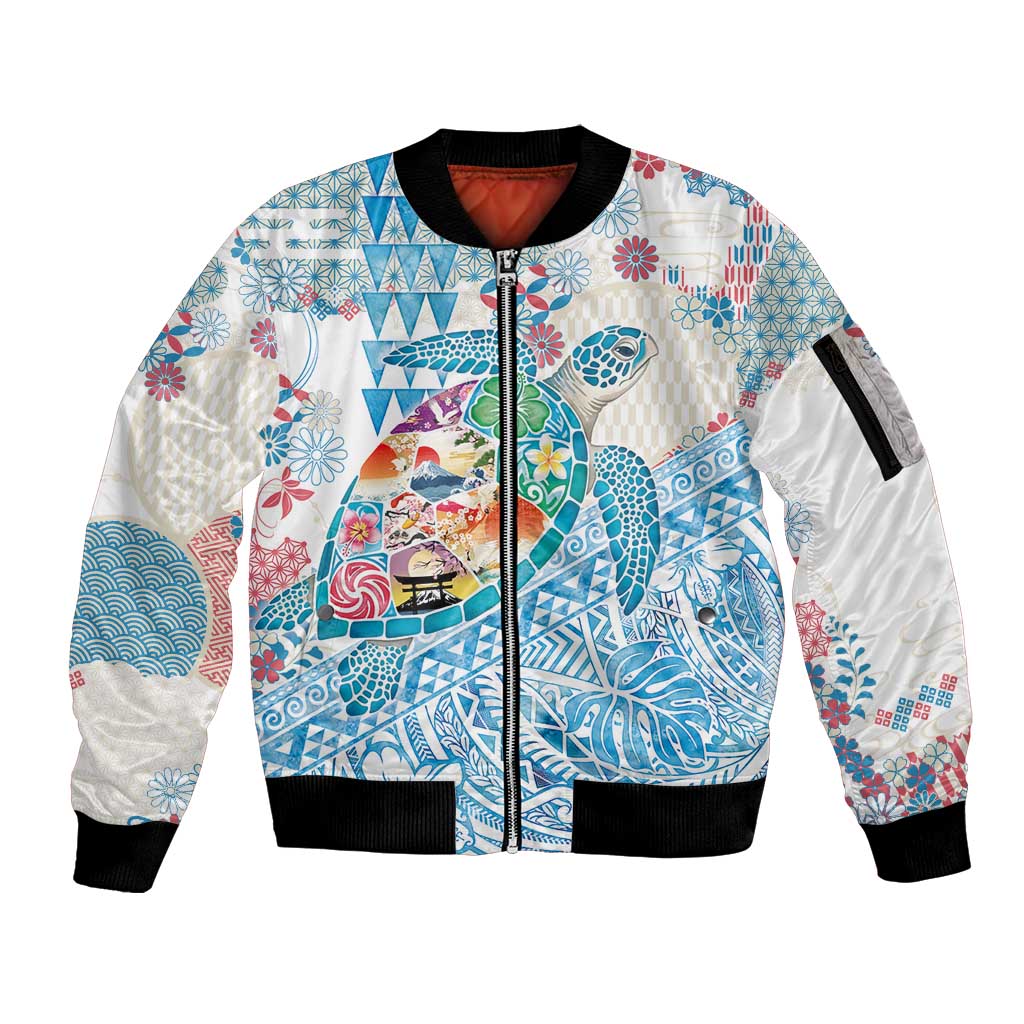 Hawaiian and Japanese Culture Together Sleeve Zip Bomber Jacket Tropical Honu with Japanese Elements Blue Color