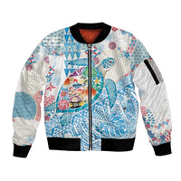 Hawaiian and Japanese Culture Together Sleeve Zip Bomber Jacket Tropical Honu with Japanese Elements Blue Color