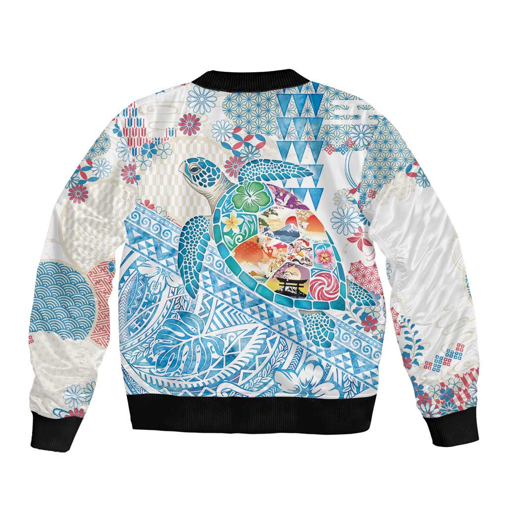 Hawaiian and Japanese Culture Together Sleeve Zip Bomber Jacket Tropical Honu with Japanese Elements Blue Color