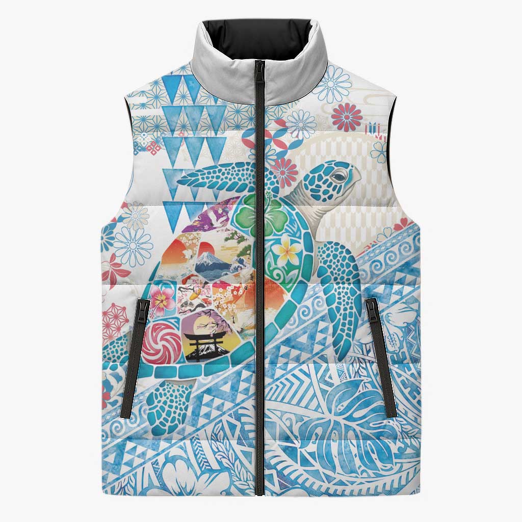 Hawaiian and Japanese Culture Together Sleeveless Puffer Jacket Tropical Honu with Japanese Elements Blue Color