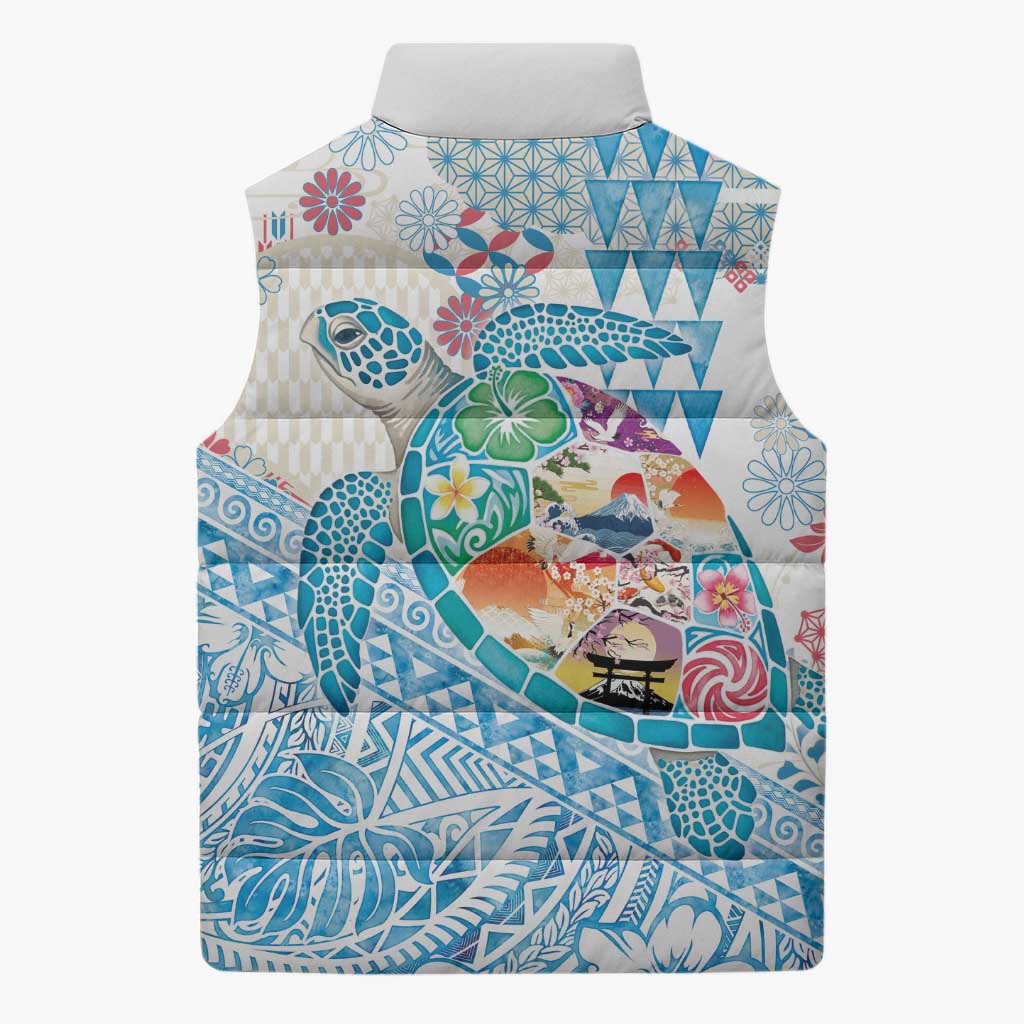 Hawaiian and Japanese Culture Together Sleeveless Puffer Jacket Tropical Honu with Japanese Elements Blue Color