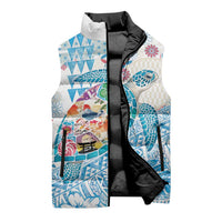 Hawaiian and Japanese Culture Together Sleeveless Puffer Jacket Tropical Honu with Japanese Elements Blue Color