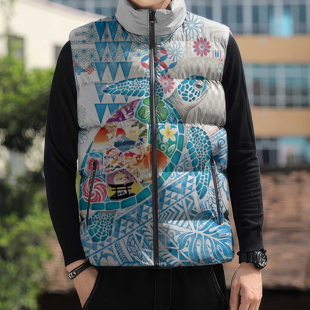Hawaiian and Japanese Culture Together Sleeveless Puffer Jacket Tropical Honu with Japanese Elements Blue Color