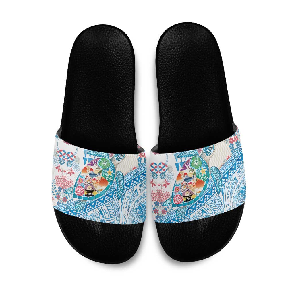 Hawaiian and Japanese Culture Together Slide Sandals Tropical Honu with Japanese Elements Blue Color
