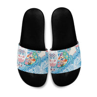 Hawaiian and Japanese Culture Together Slide Sandals Tropical Honu with Japanese Elements Blue Color