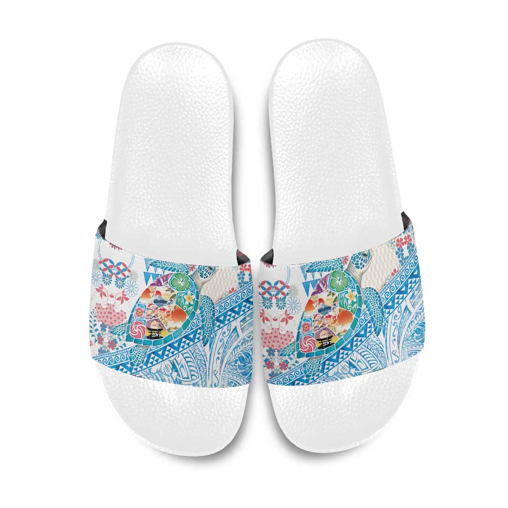 Hawaiian and Japanese Culture Together Slide Sandals Tropical Honu with Japanese Elements Blue Color