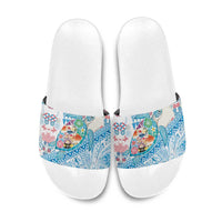 Hawaiian and Japanese Culture Together Slide Sandals Tropical Honu with Japanese Elements Blue Color